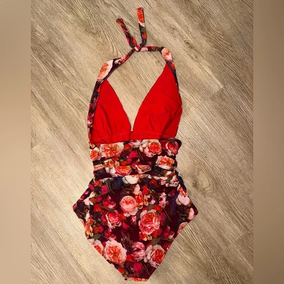 FUZZI Floral V Neck One Piece Swim 2015 Swim Line Size 48 (US 12) - Picture 6 of 10